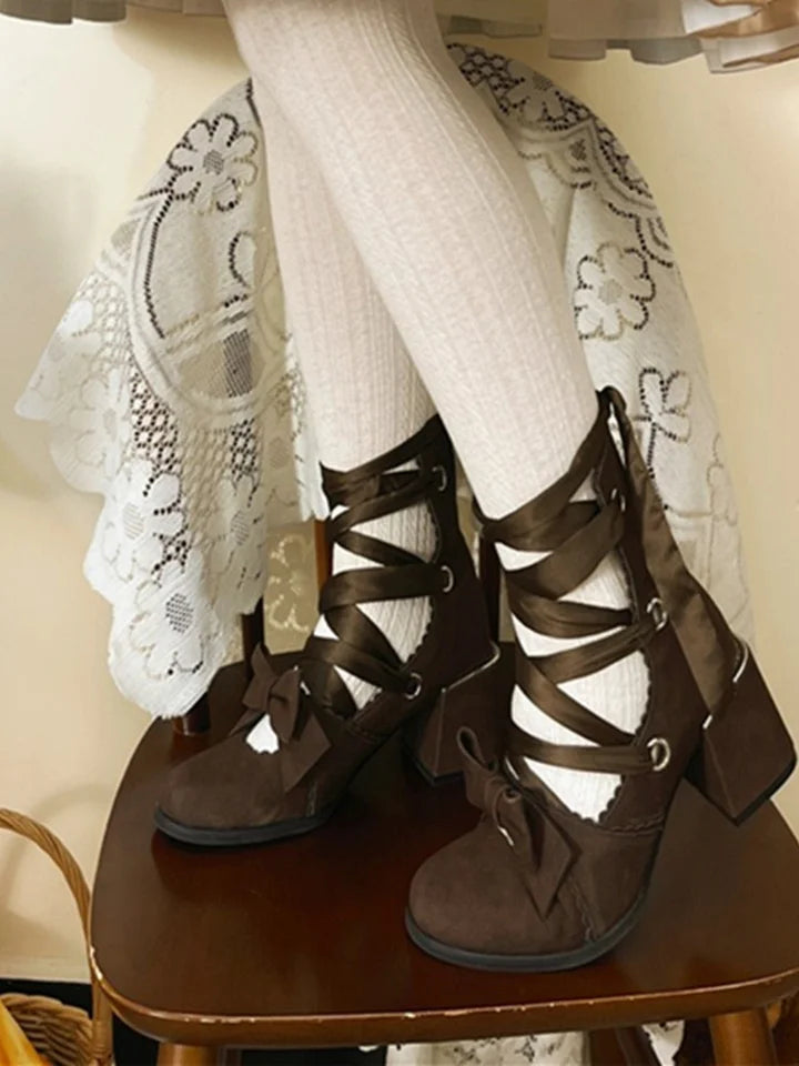 Lolita Shoes Red Red Pink Round Head Thick Strap Bow Elegant High Heels for Christmas