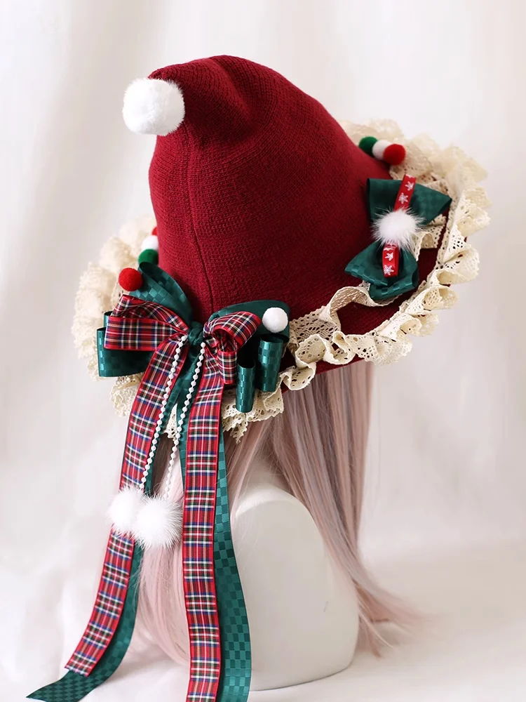 Red Christmas Witch Hat Lolita Bow Plush Lace Witch Hat