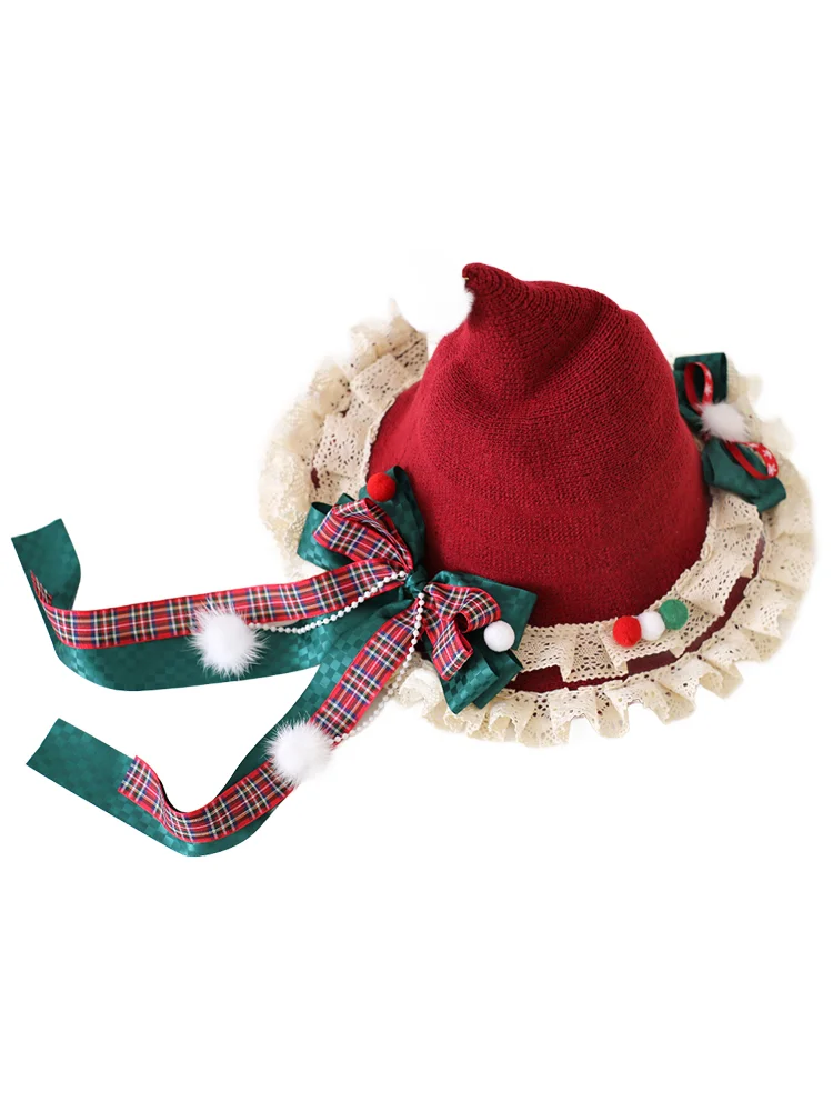Red Christmas Witch Hat Lolita Bow Plush Lace Witch Hat