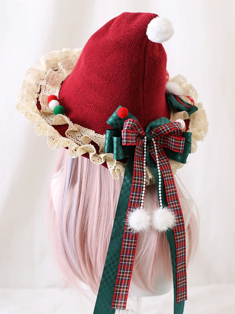Red Christmas Witch Hat Lolita Bow Plush Lace Witch Hat