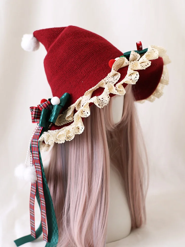 Red Christmas Witch Hat Lolita Bow Plush Lace Witch Hat
