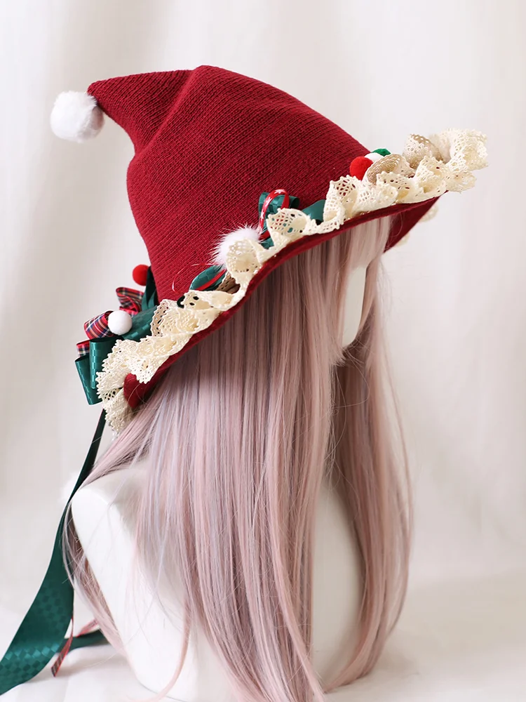 Red Christmas Witch Hat Lolita Bow Plush Lace Witch Hat