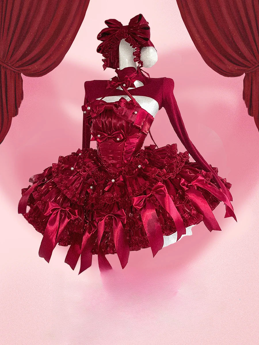 Hime Lolita Red Elk Burgundy White Flower Party JSK Layered Dress