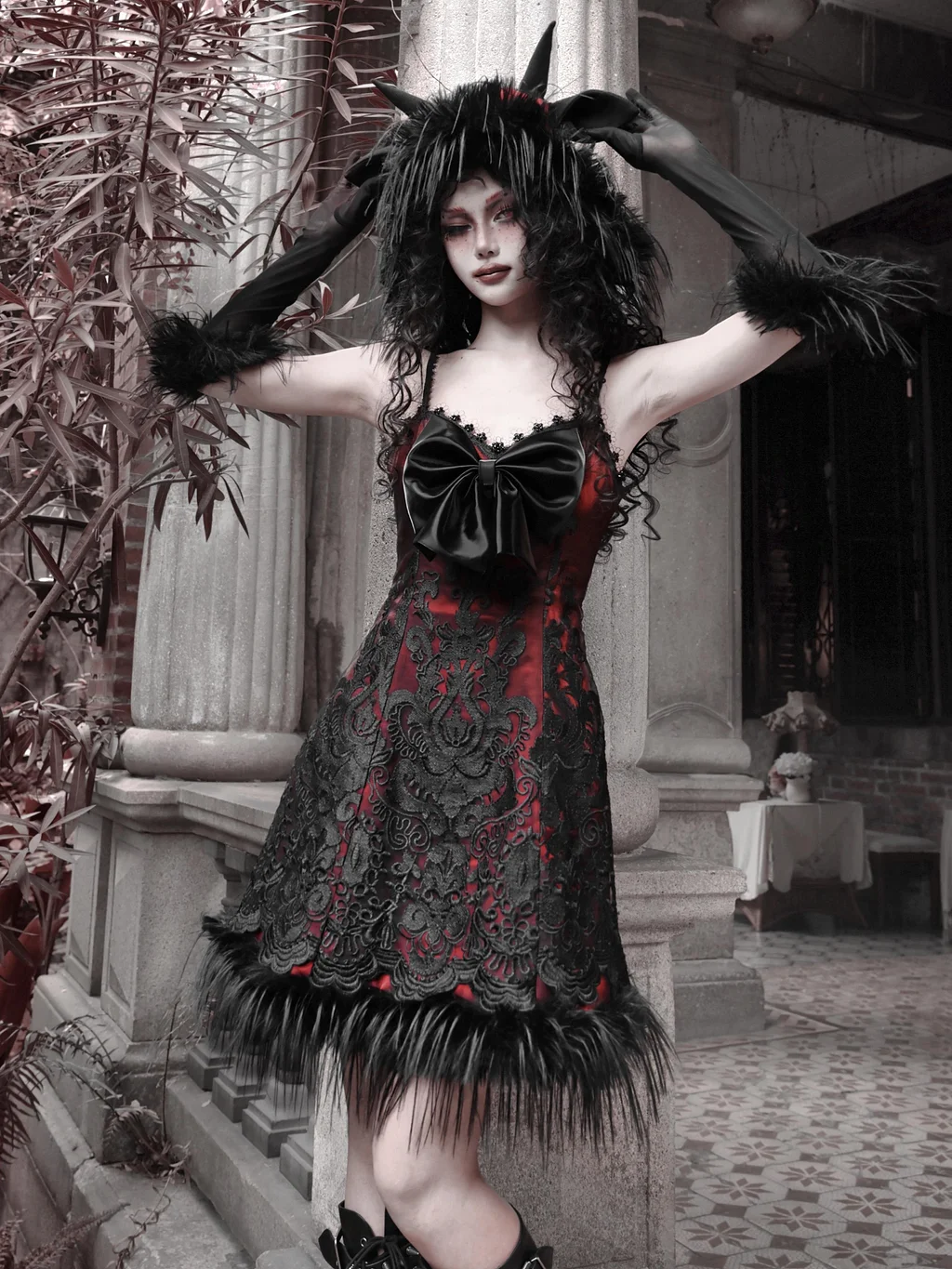 Red Rose Thorns Dark Goth Punk Bow Suspender Dress Jsk
