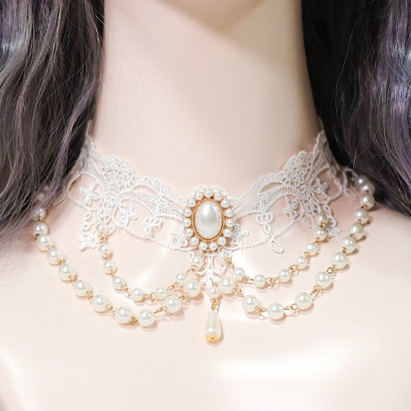 Lolita Necklace  Rococo Lolita Gorgeous Multi-layer Pearl Lace Vintage Court Style Choker