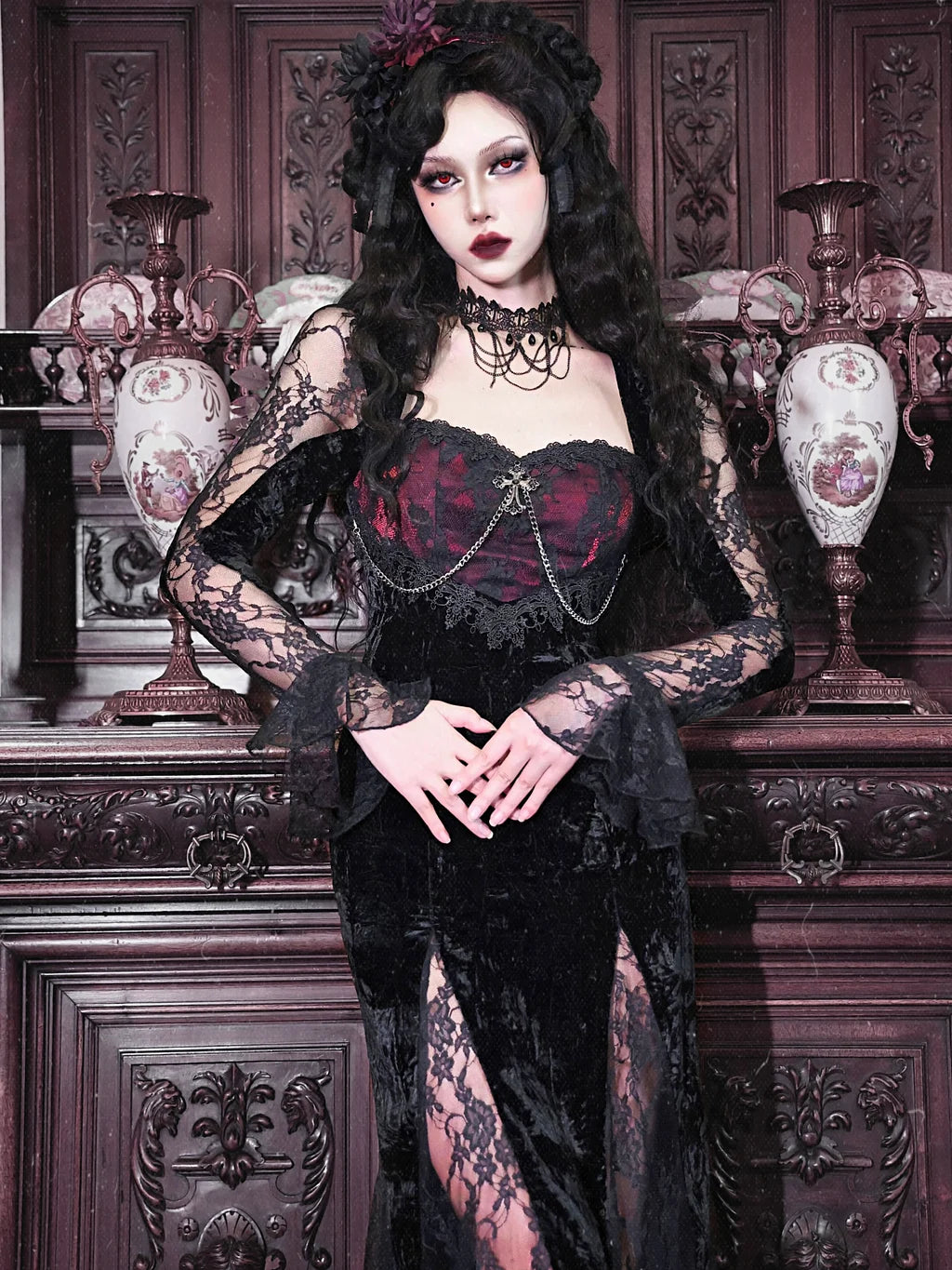 Rose Gothic Black Red Lace Slim Fit Velvet Fishtail Dress Summer Hollow JSK Dress Spring Summer