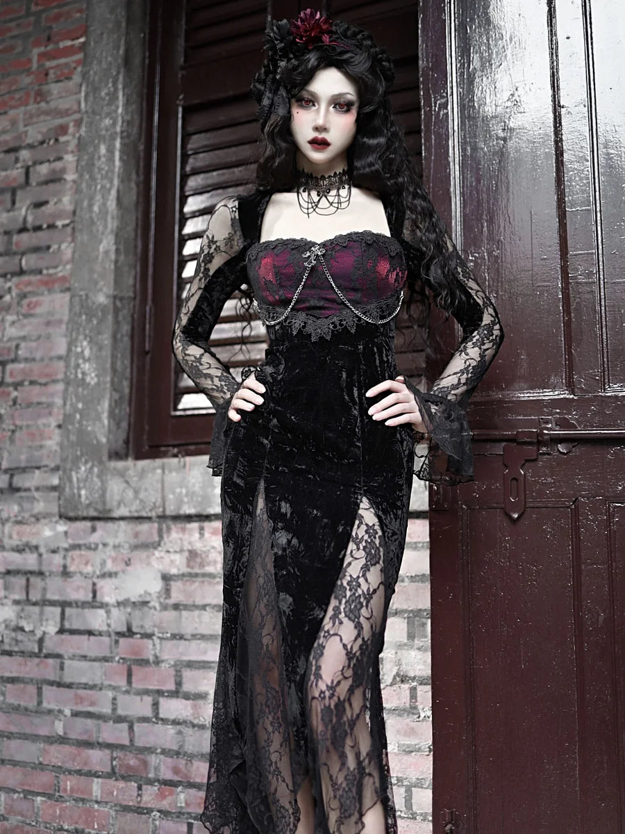 Rose Gothic Black Red Lace Slim Fit Velvet Fishtail Dress Summer Hollow JSK Dress Spring Summer