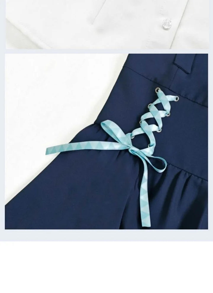 School Style Navy Blue Pinafore Dress Set Asymmetrical Summer Light Lolita