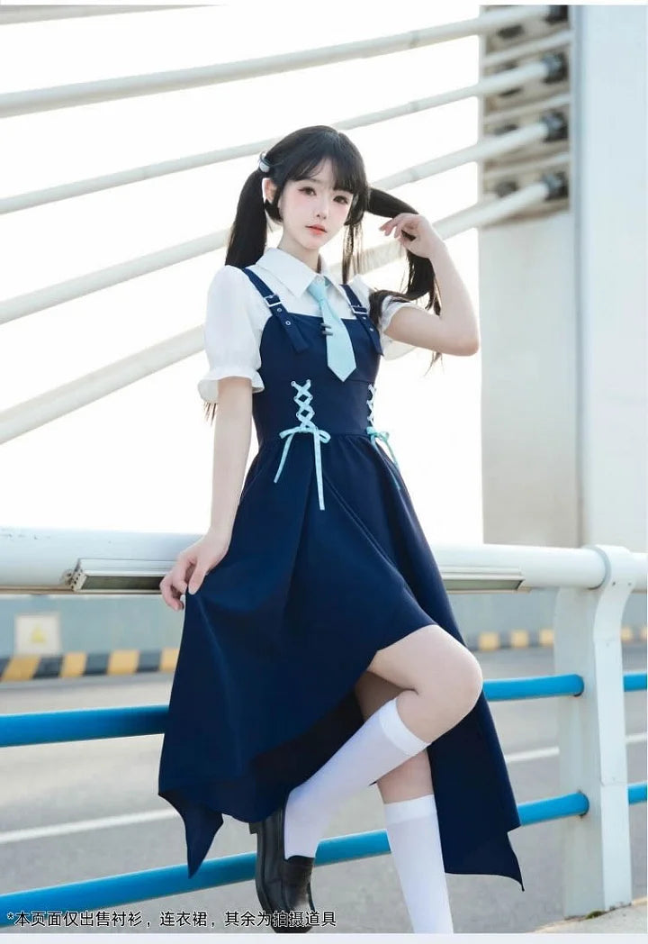 School Style Navy Blue Pinafore Dress Set Asymmetrical Summer Light Lolita