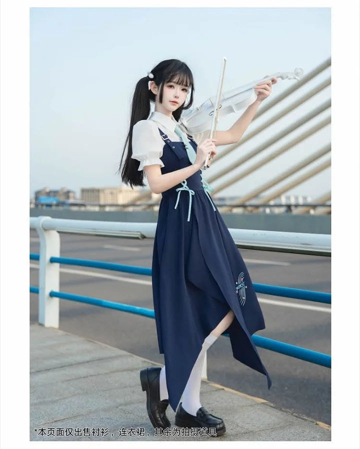 School Style Navy Blue Pinafore Dress Set Asymmetrical Summer Light Lolita