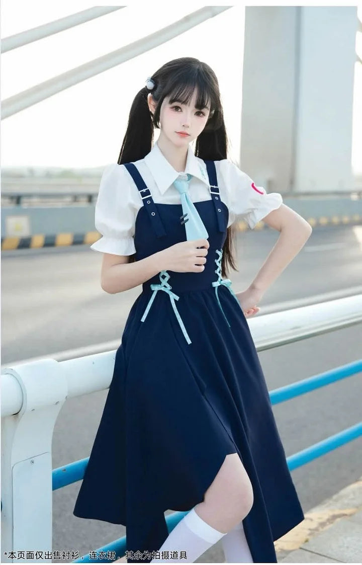 School Style Navy Blue Pinafore Dress Set Asymmetrical Summer Light Lolita
