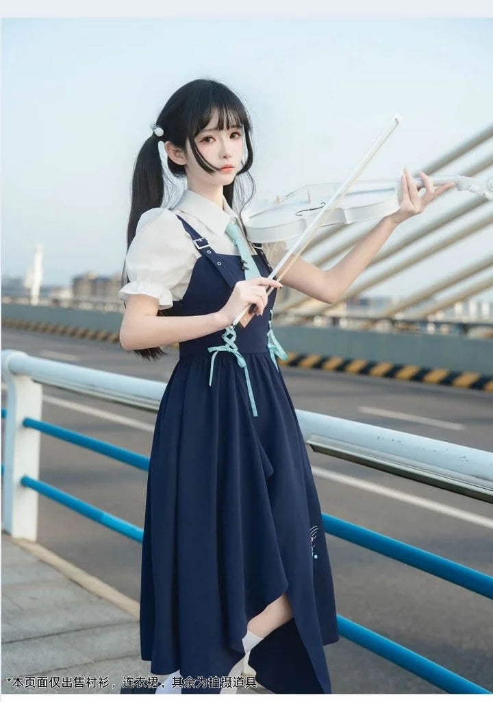 School Style Navy Blue Pinafore Dress Set Asymmetrical Summer Light Lolita