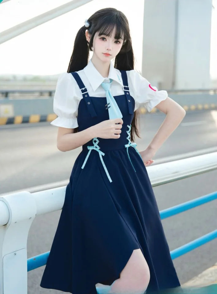 School Style Navy Blue Pinafore Dress Set Asymmetrical Summer Light Lolita