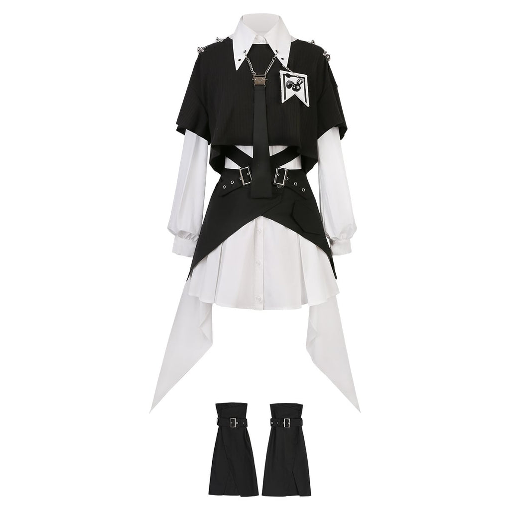 Simple Goth Suit Cool Girl Lolita Long Sleeve Shirt Set Black-white