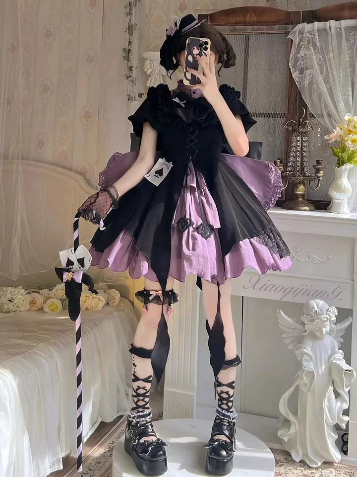 Spade Magician Gothic Lolita Dress Cute Halloween Costume Bow Dress Tail