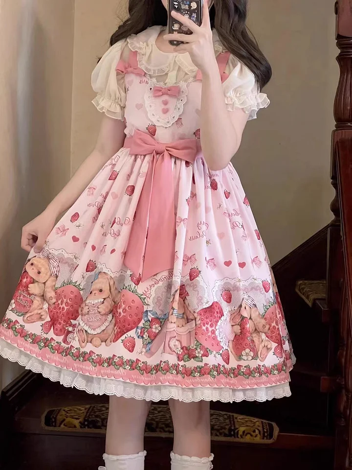 Spring/Summer Pink Cute Sweet JSK Daily Light Lolita Birthday Cake Dress Strawberry Bear Print