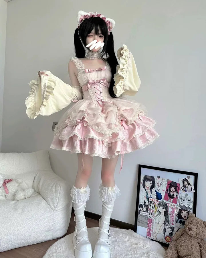 Sweet Blue Lolita Ballet Style Lolita Outfit JSK Princess Dress Girl Pink Red Dress Bow Ball Gown