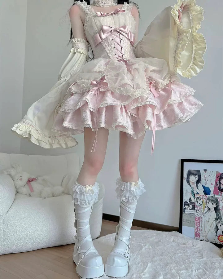 Sweet Blue Lolita Ballet Style Lolita Outfit JSK Princess Dress Girl Pink Red Dress Bow Ball Gown