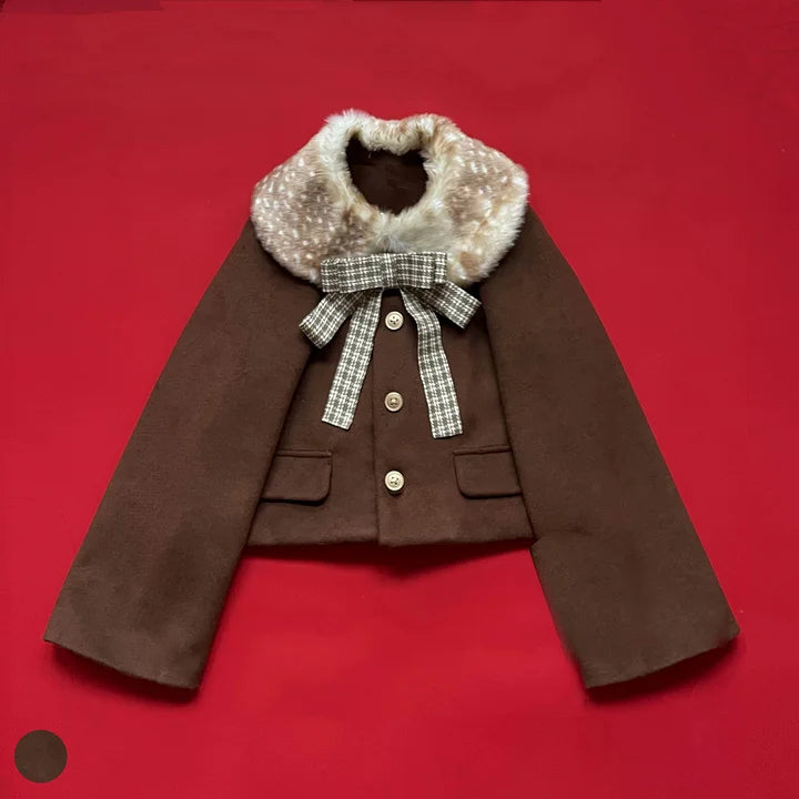 Sweet Bow Wool Coat Women's Short Coat in Winter Fur Collar Lolita Outfit
