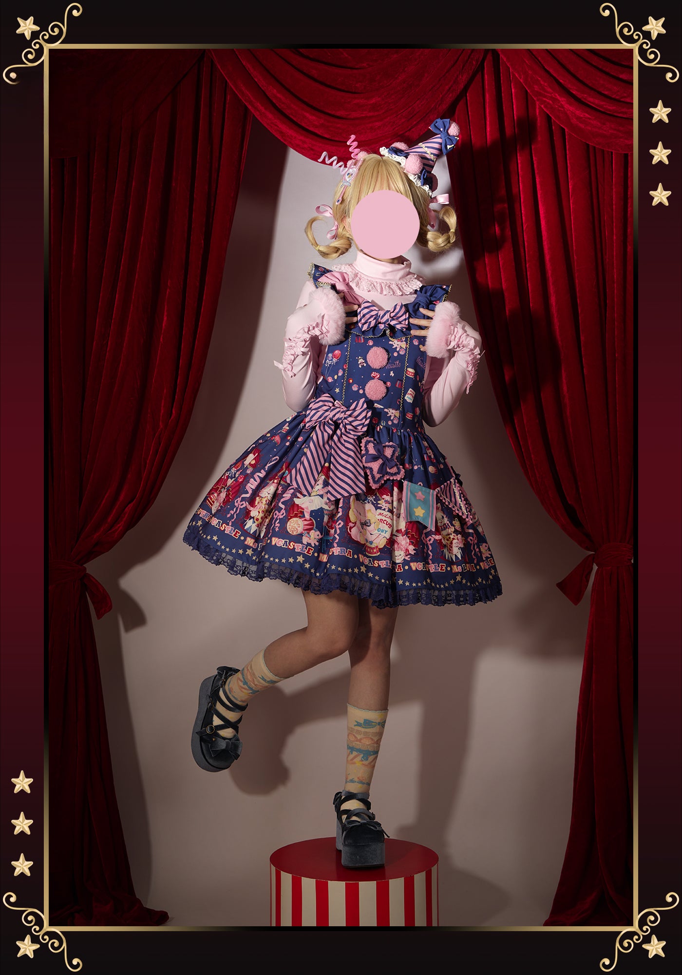 Sweet Goth Lolita Dark Blue Black Doll Printed Short Dress Skirt Cake Dress Spring Halloween