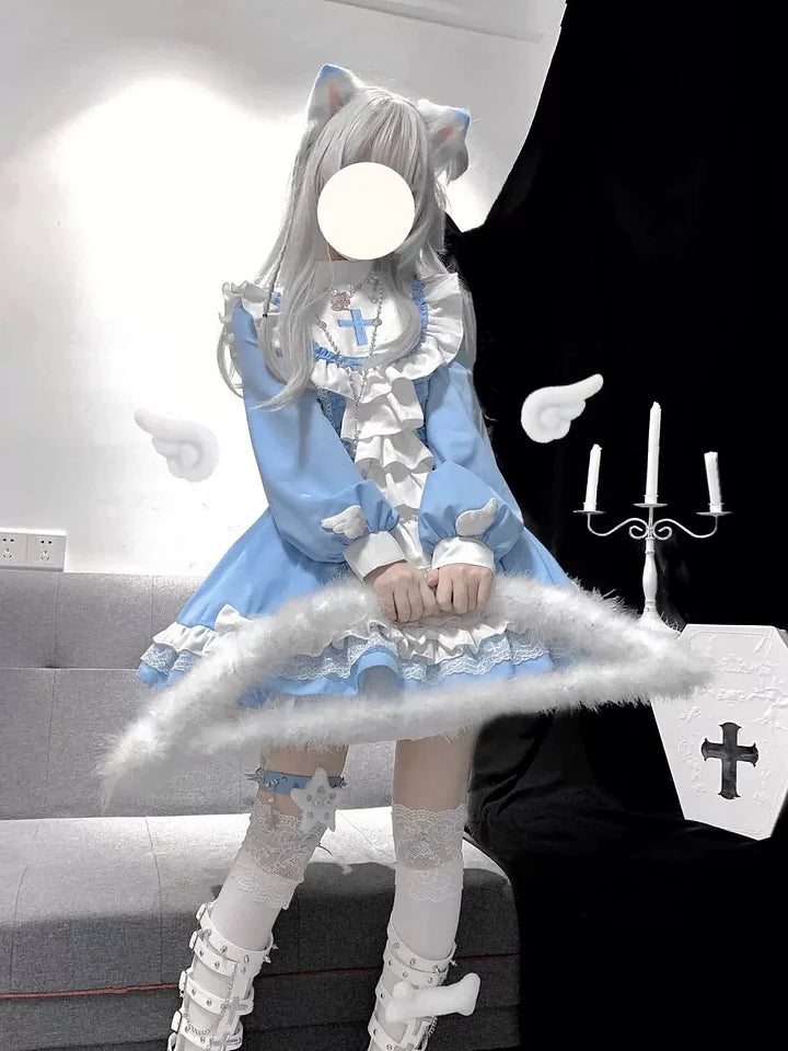 Sweet Gothic Blue Lolita Dress Subculture Y2K Nun Style Halloween Costume OP Japanese Kawaii Outfit