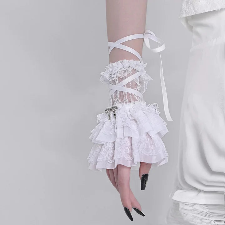 Sweet Gothic Lolita White Lace Hand Sleeves Ribbon Straps Lolita Accessory