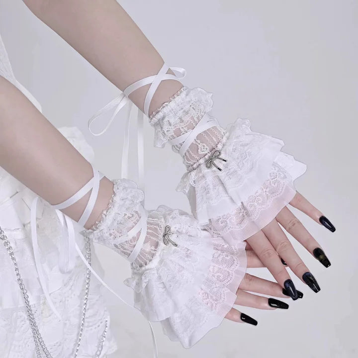 Sweet Gothic Lolita White Lace Hand Sleeves Ribbon Straps Lolita Accessory