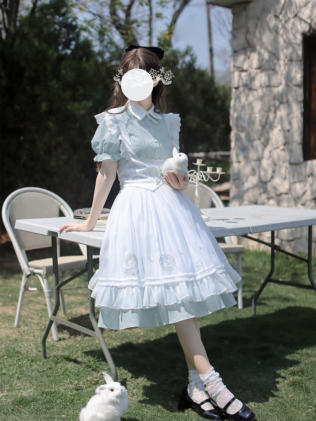 Classic Lolita Alice Light Blue White Dress Plaid French Waist Shirt Dress Embroider Apron