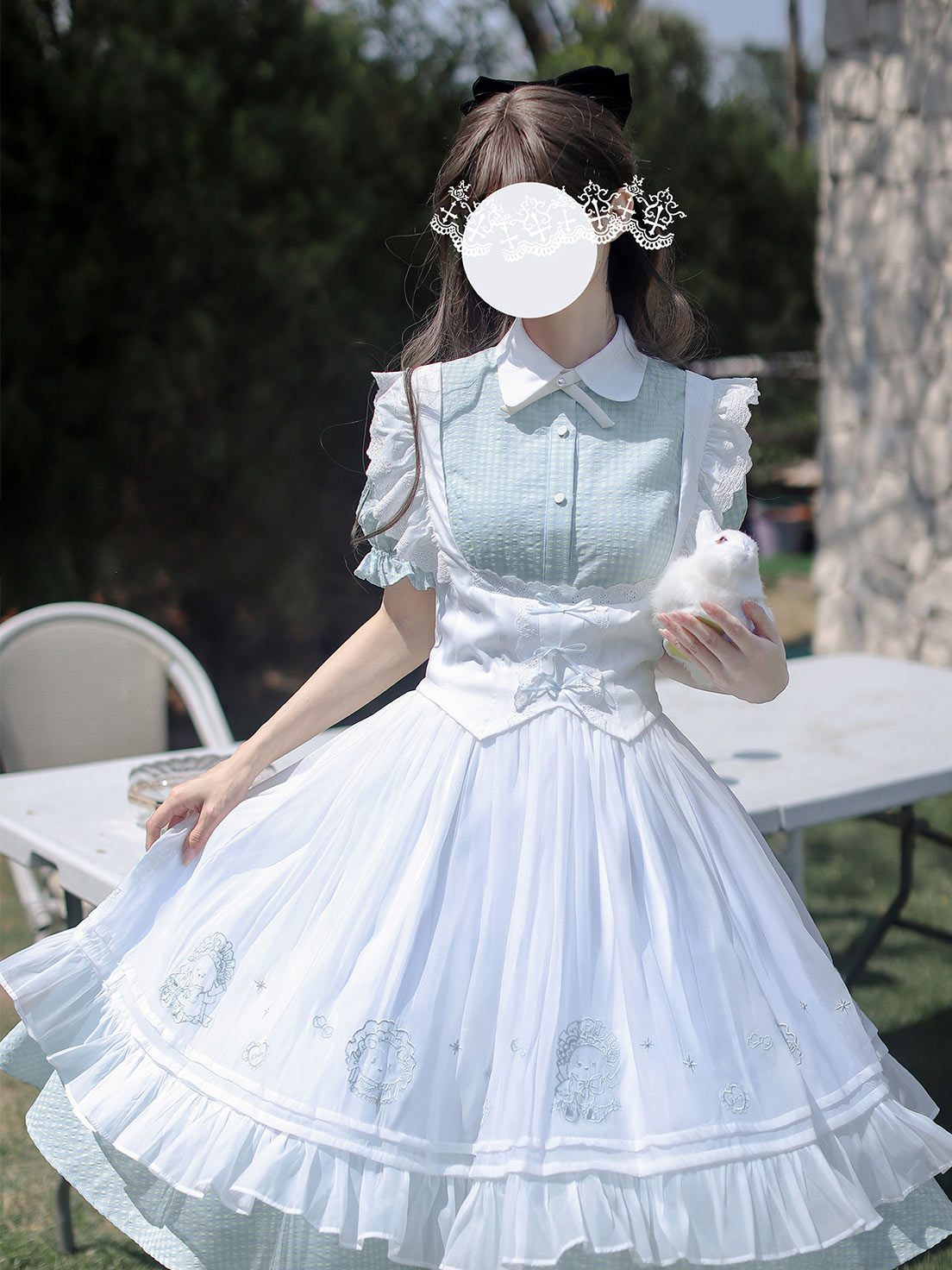Classic Lolita Alice Light Blue White Dress Plaid French Waist Shirt Dress Embroider Apron