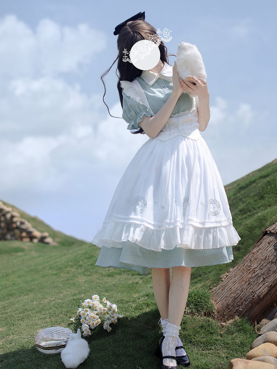 Classic Lolita Alice Light Blue White Dress Plaid French Waist Shirt Dress Embroider Apron