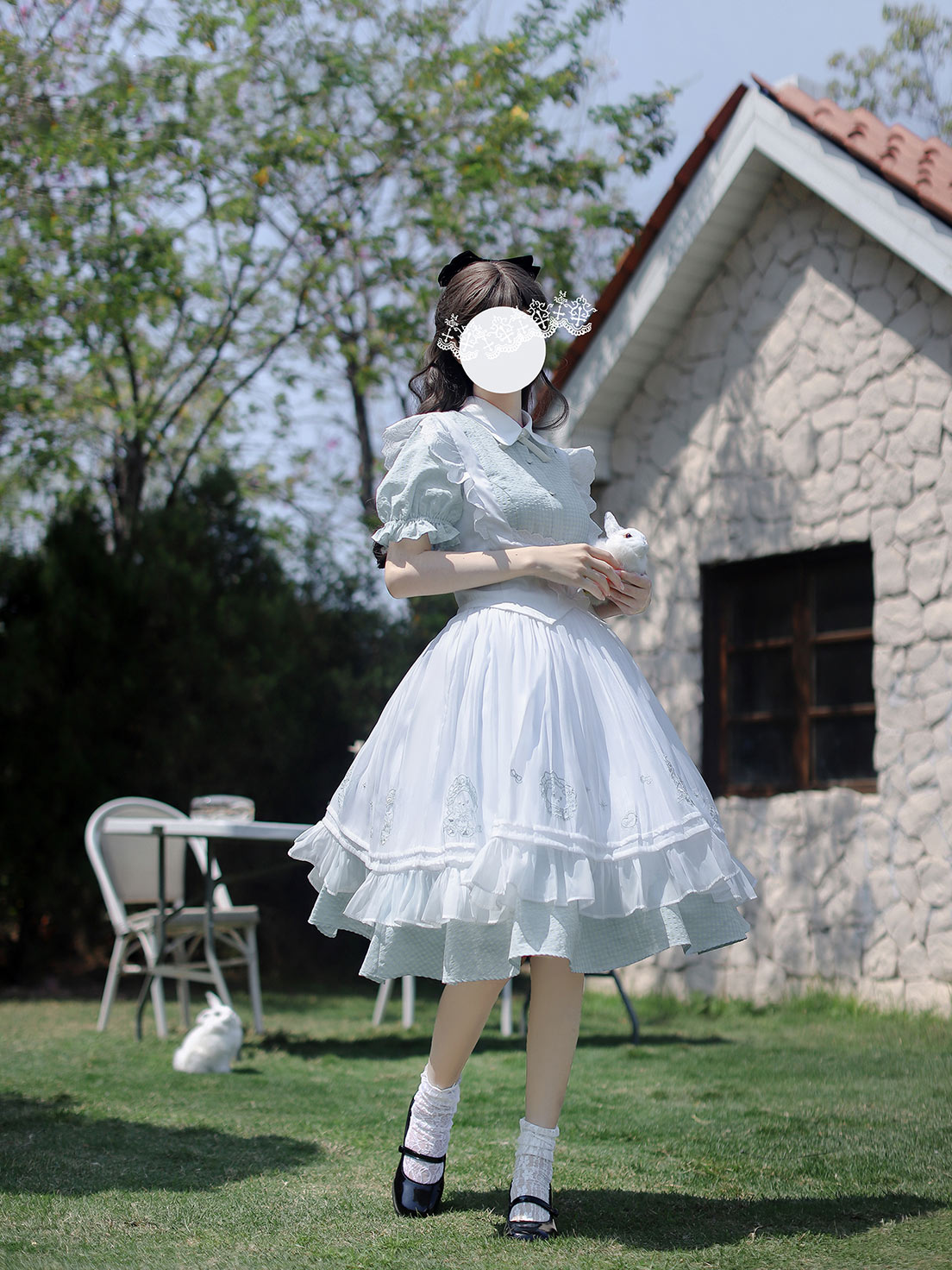 Classic Lolita Alice Light Blue White Dress Plaid French Waist Shirt Dress Embroider Apron