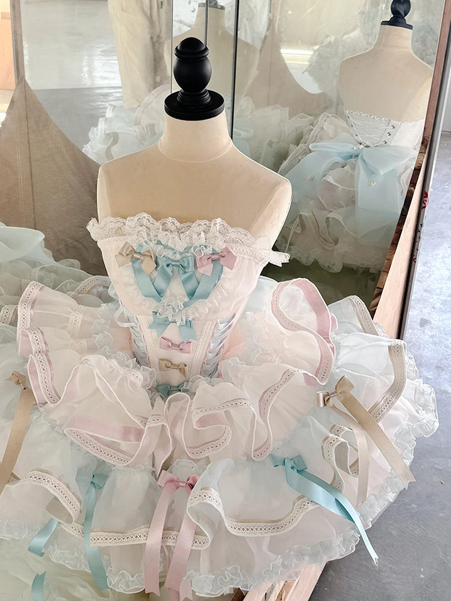Sweet Lolita Ballet Ruffle Lace Pink Cake Dress: Soft-Toned Birthday Attire Girl Garden Party