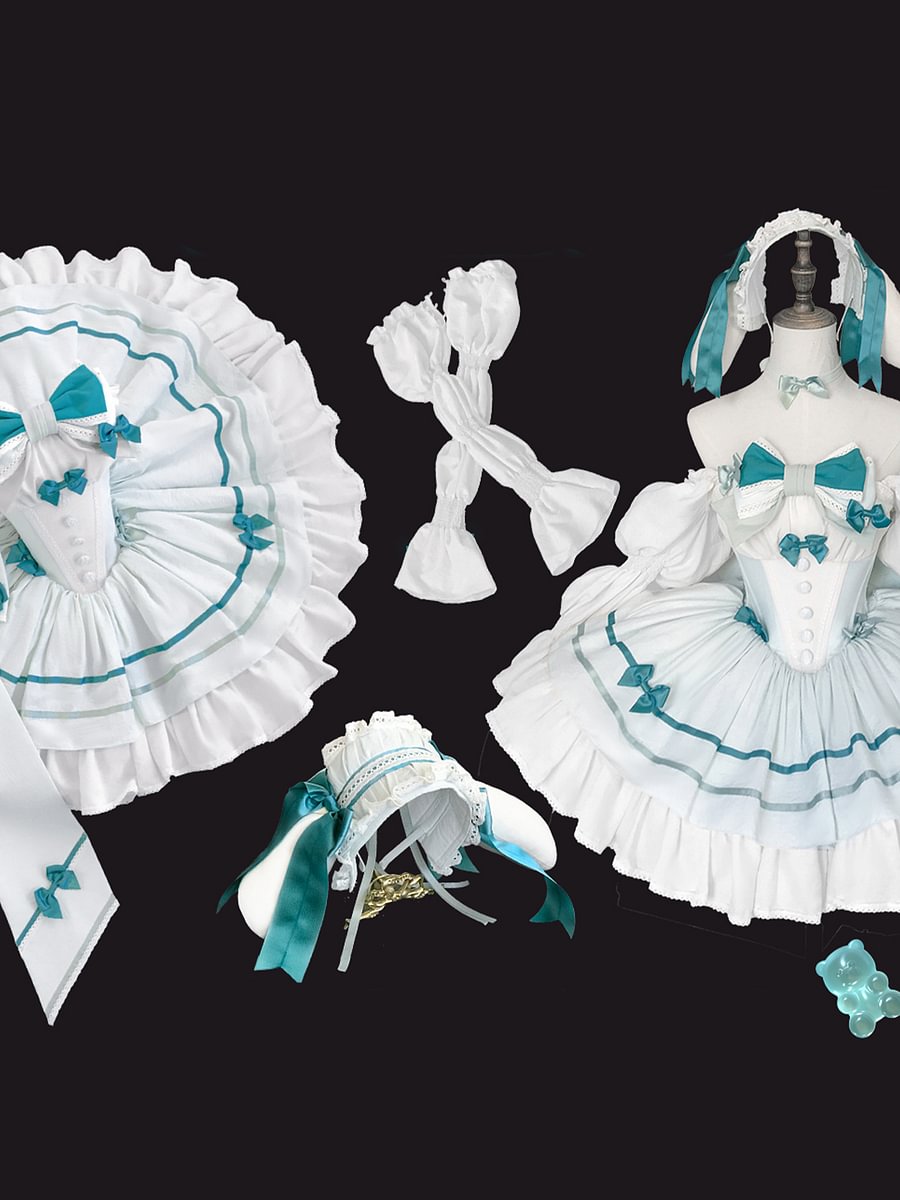 Hime Lolita Birthday Ballet Gown Green Princess Cake Dress Set Lop-ear Rabbits