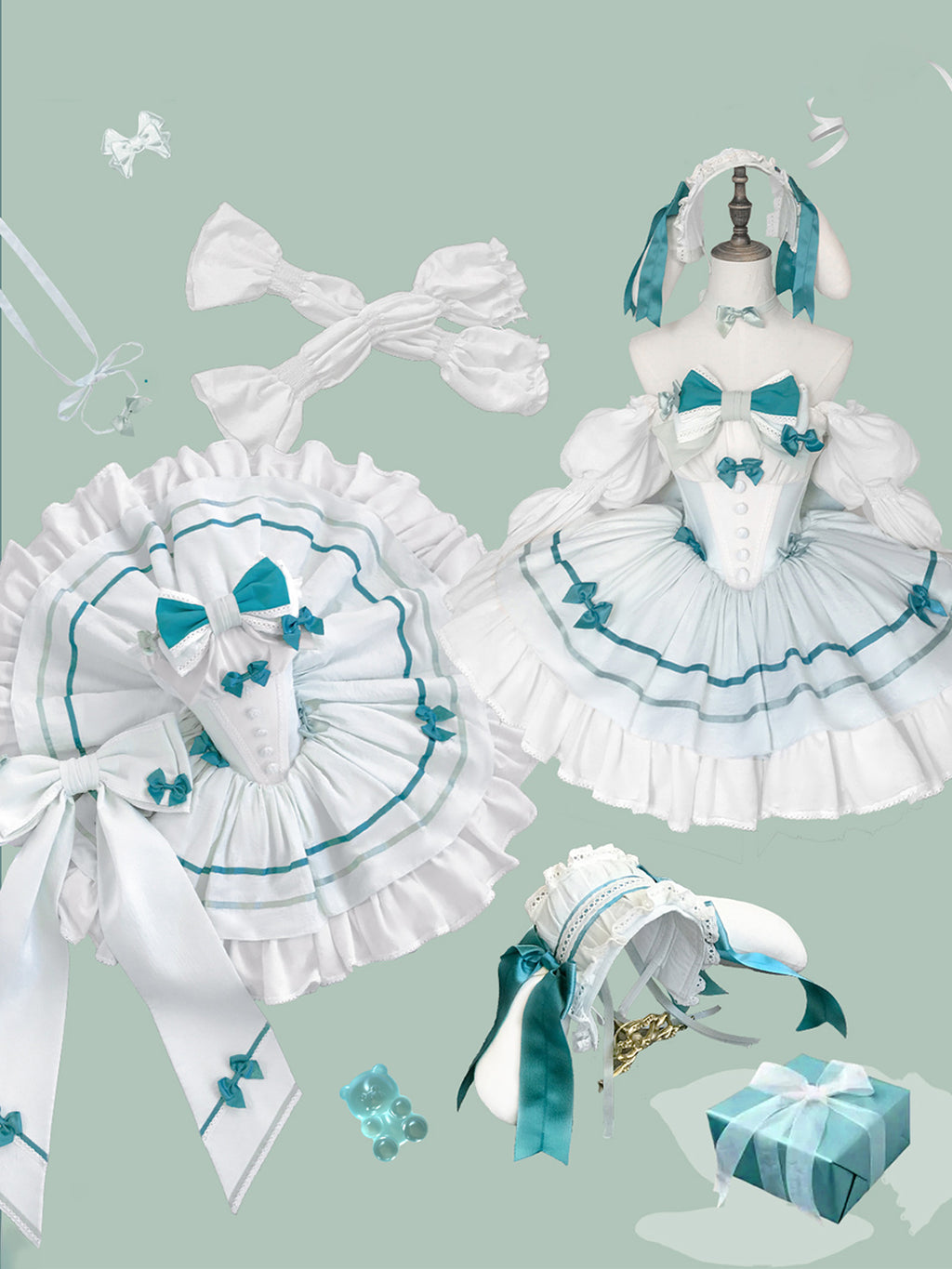 Hime Lolita Birthday Ballet Gown Green Princess Cake Dress Set Lop-ear Rabbits