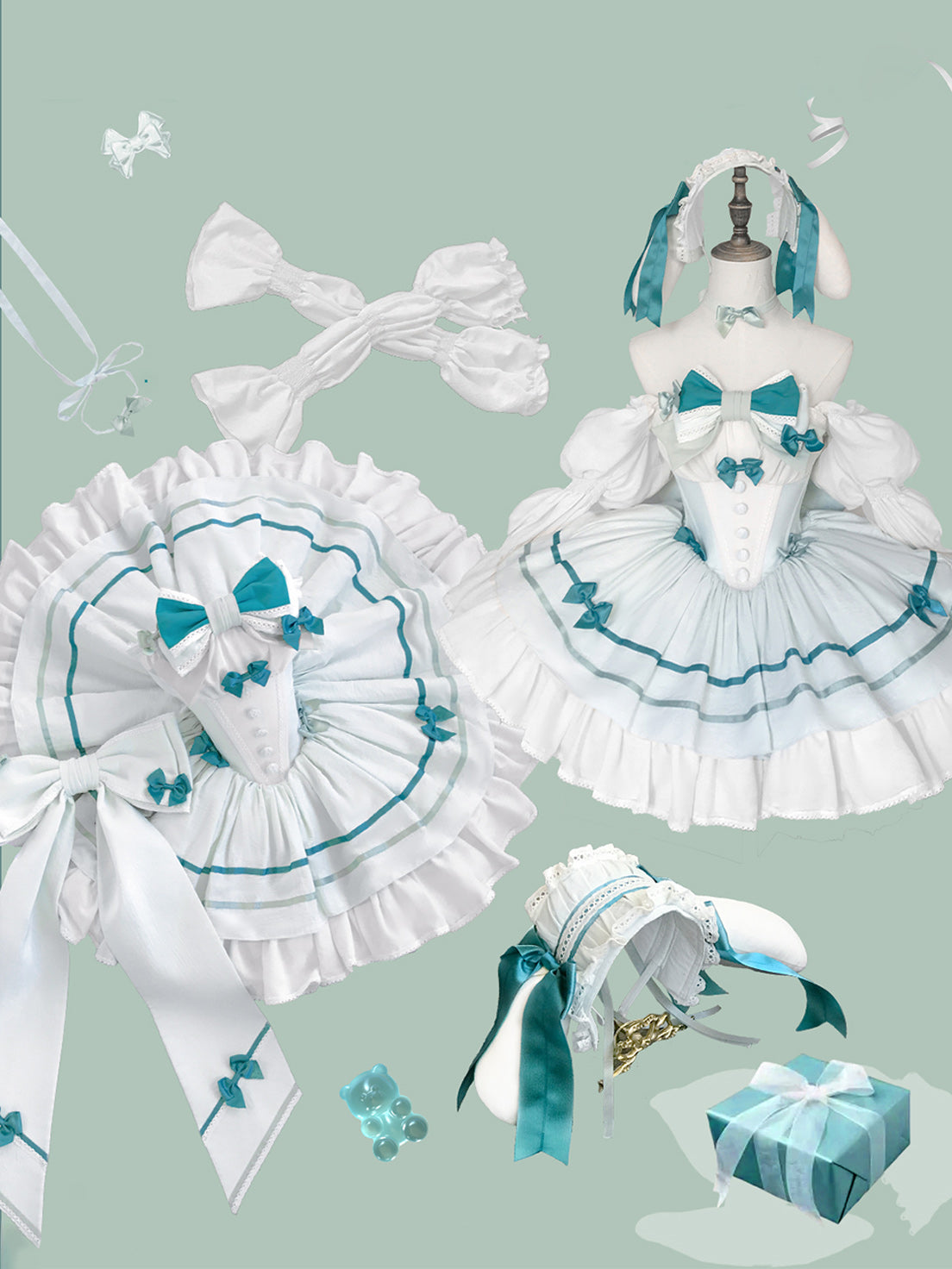 Hime Lolita Birthday Ballet Gown Green Princess Cake Dress Set Lop-ear Rabbits