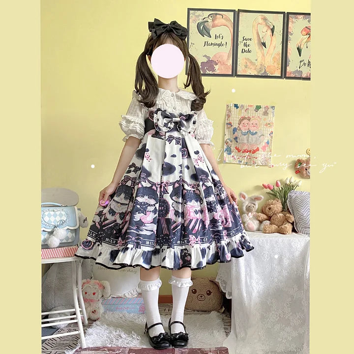 Sweet Lolita Black Cow Cat Sweet Girl Suspender Jsk Dress and Blouse Shirt