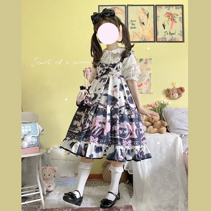 Sweet Lolita Black Cow Cat Sweet Girl Suspender Jsk Dress and Blouse Shirt