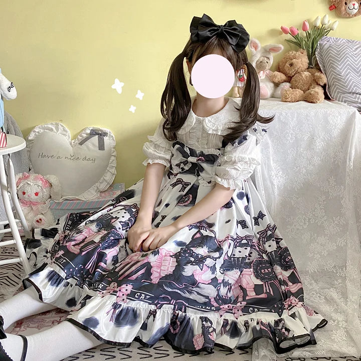 Sweet Lolita Black Cow Cat Sweet Girl Suspender Jsk Dress and Blouse Shirt