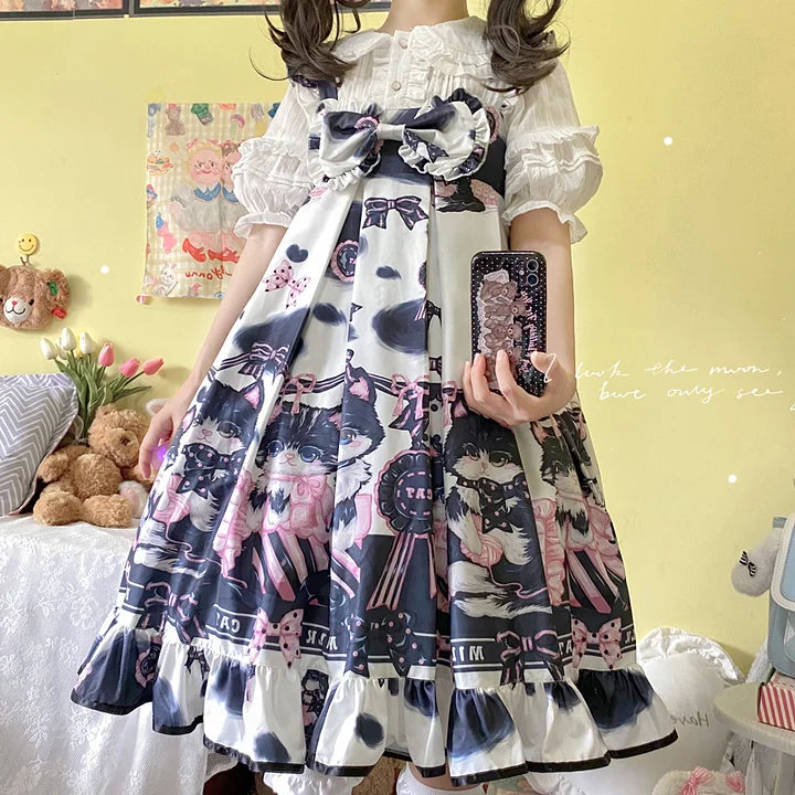 Sweet Lolita Black Cow Cat Sweet Girl Suspender Jsk Dress and Blouse Shirt