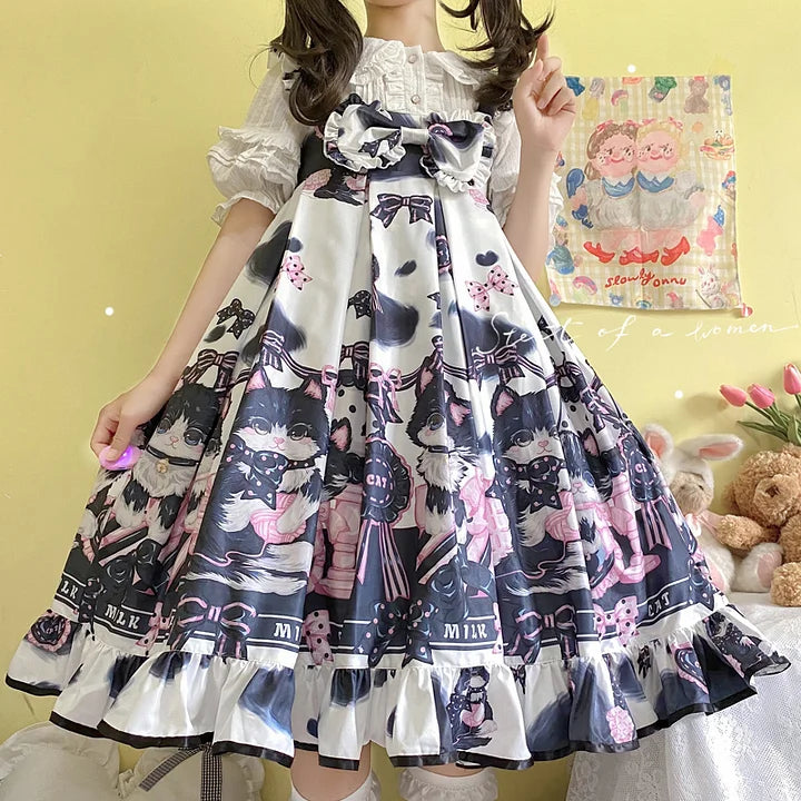 Sweet Lolita Black Cow Cat Sweet Girl Suspender Jsk Dress and Blouse Shirt