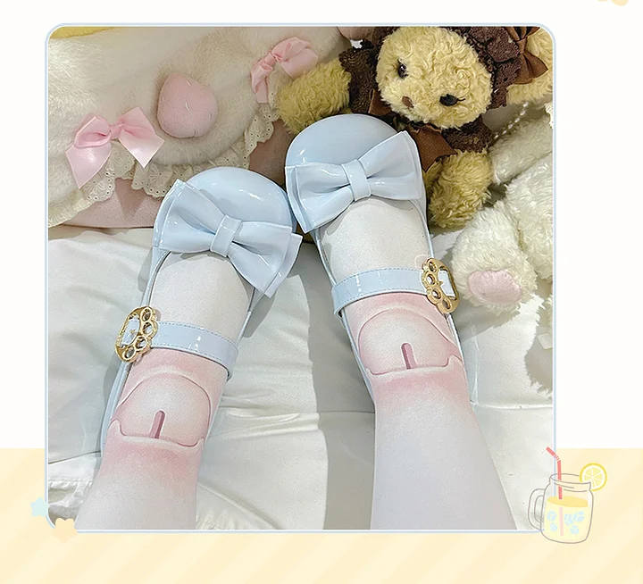 Sweet Lolita Brown White Black Pink Blue Bow Low-Heel Mary Jane Shoes[Oil]