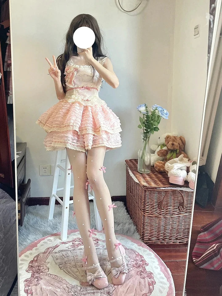 Sweet Lolita Pink Blue Cherry Blossom Ballet Style Lace Ruffle Edge Princess Dress
