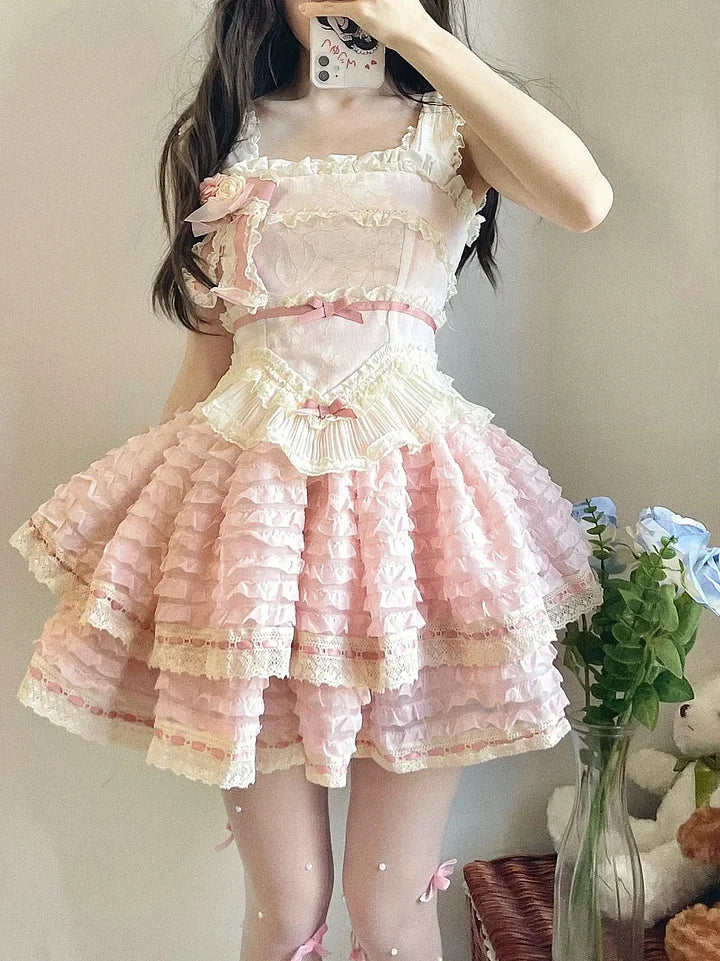 Sweet Lolita Pink Blue Cherry Blossom Ballet Style Lace Ruffle Edge Princess Dress
