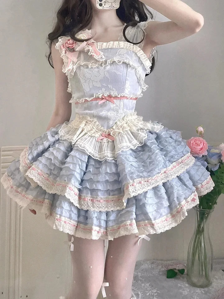 Sweet Lolita Pink Blue Cherry Blossom Ballet Style Lace Ruffle Edge Princess Dress