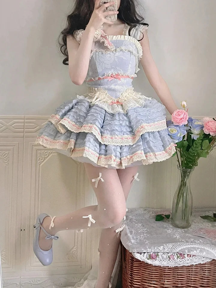 Sweet Lolita Pink Blue Cherry Blossom Ballet Style Lace Ruffle Edge Princess Dress