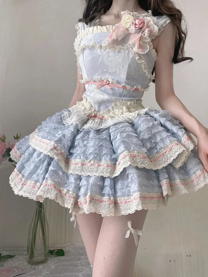 Sweet Lolita Pink Blue Cherry Blossom Ballet Style Lace Ruffle Edge Princess Dress