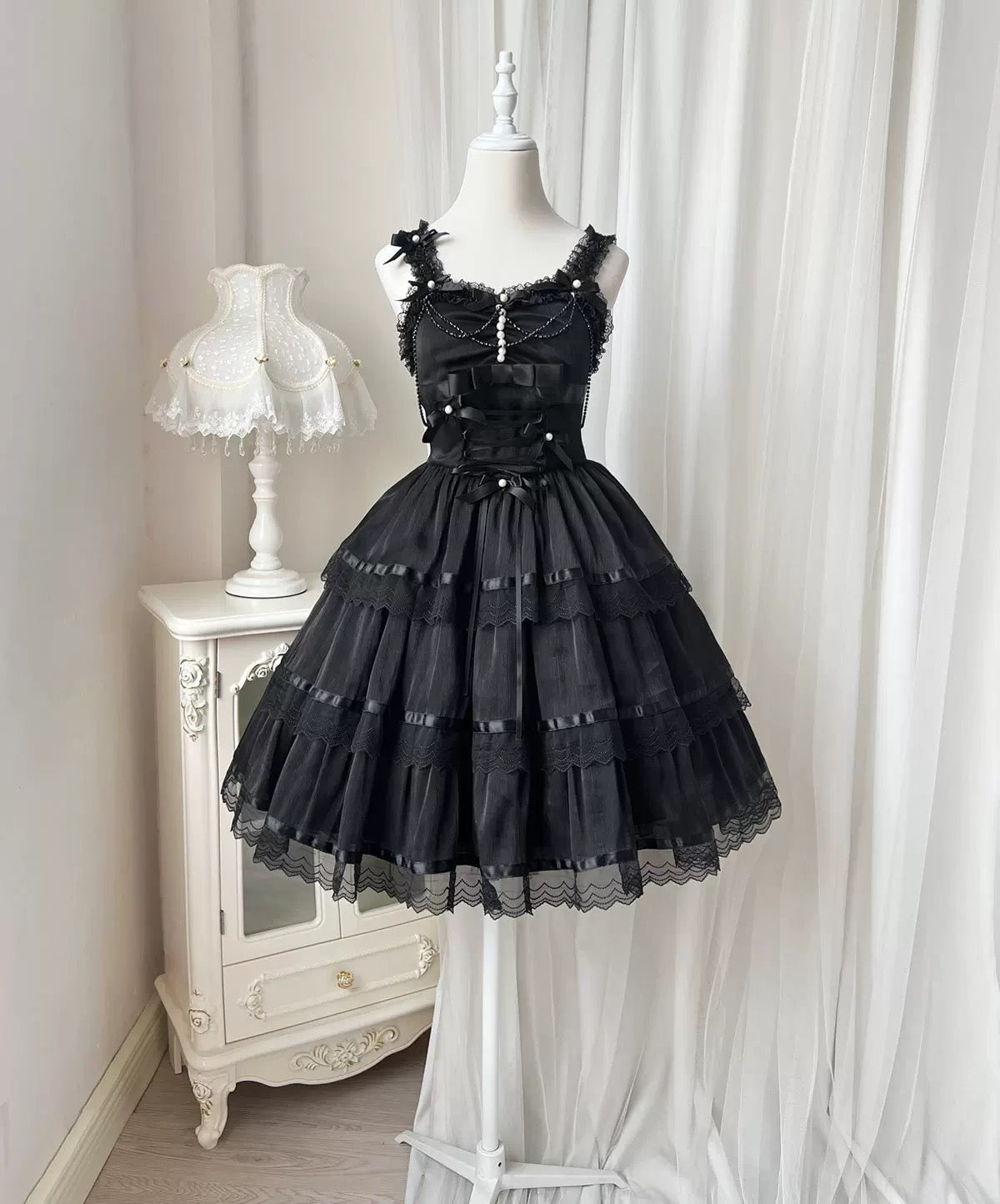 Sweet Lolita Chiffon Lace White Black Dress Bridal Goth JSK Elegant Dresses
