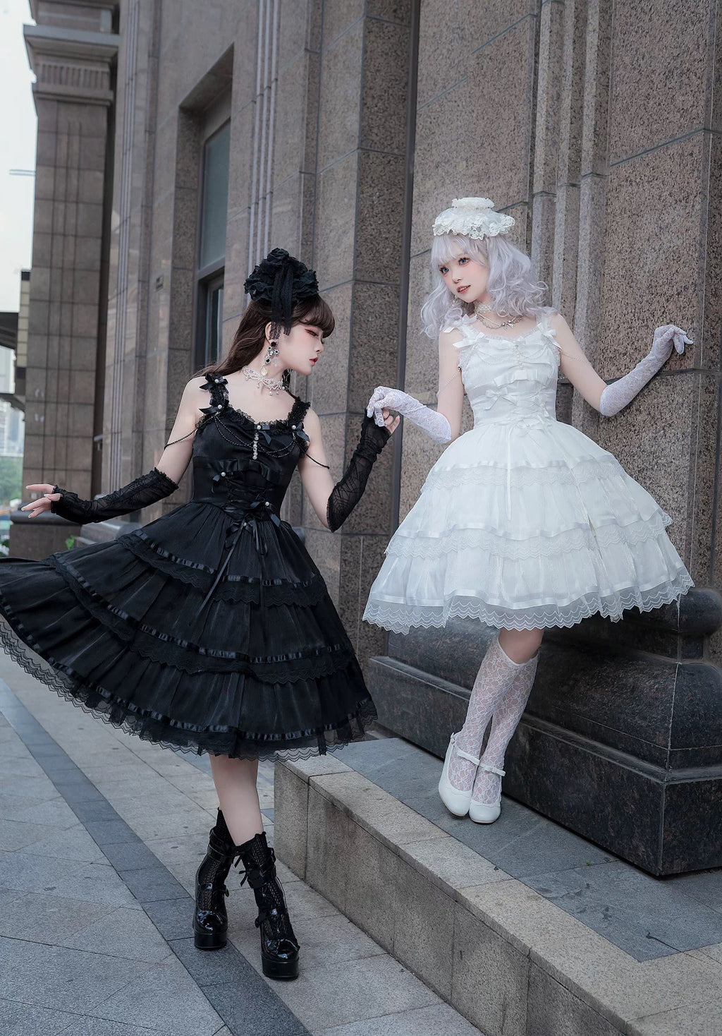 Sweet Lolita Chiffon Lace White Black Dress Bridal Goth JSK Elegant Dresses