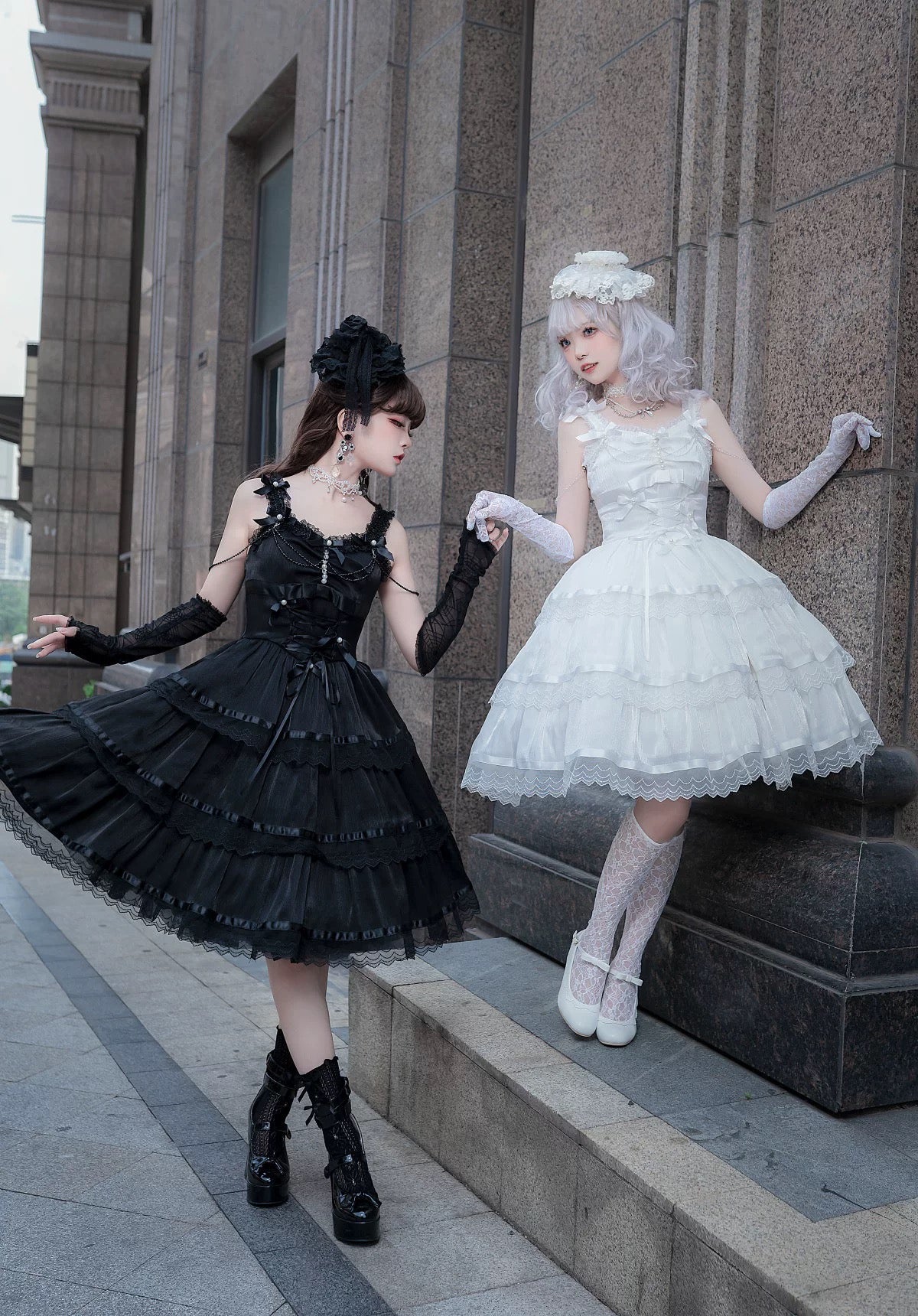 Sweet Lolita Chiffon Lace White Black Dress Bridal Goth JSK Elegant Dresses