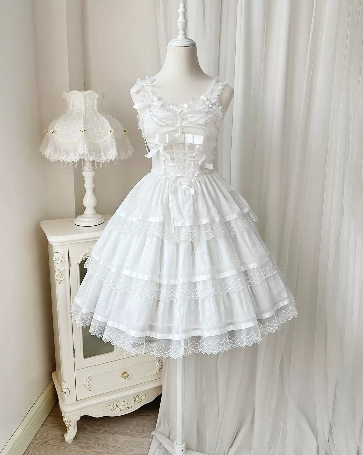 Sweet Lolita Chiffon Lace White Black Dress Bridal Goth JSK Elegant Dresses